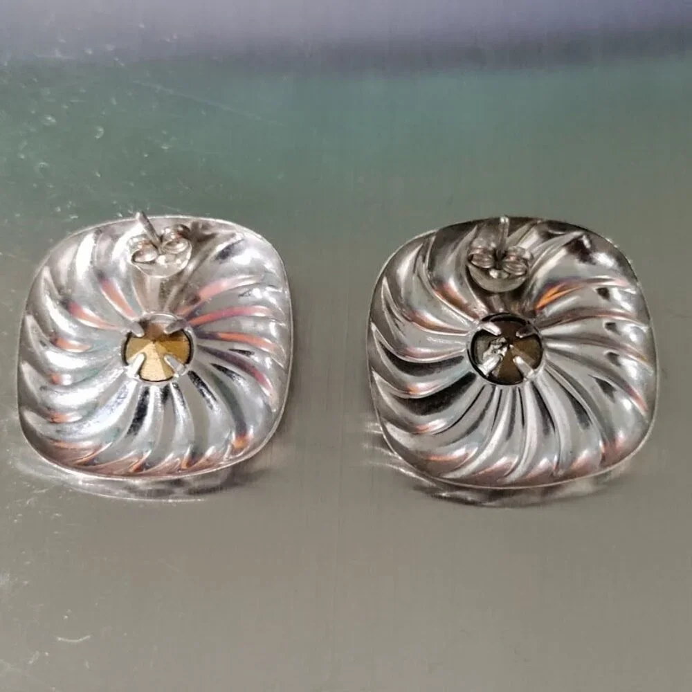 Sterling Silver Square Swirl Earrings With Pinkish Stone Centers - Picture 2 of 6